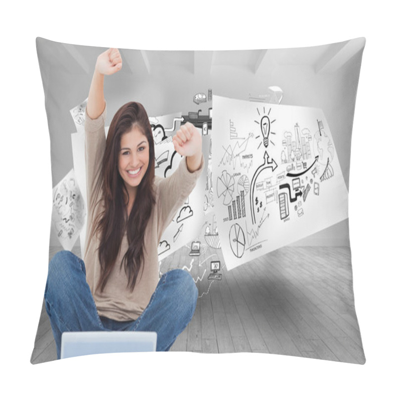 Personality  Composite Image Of Woman Looks Straight Ahead As She Celebrates Pillow Covers