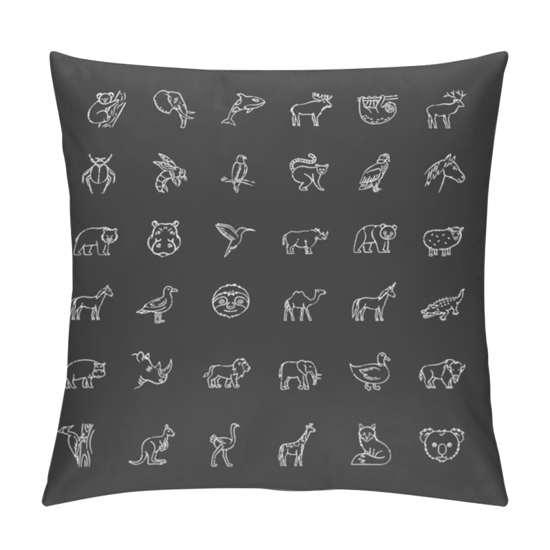 Personality  Animals Chalk White Icons Set On Black Background. Different Wildlife, Diverse Fauna. Common And Exotic Animal Species. Flying, Land And Sea Creatures. Isolated Vector Chalkboard Illustrations Pillow Covers