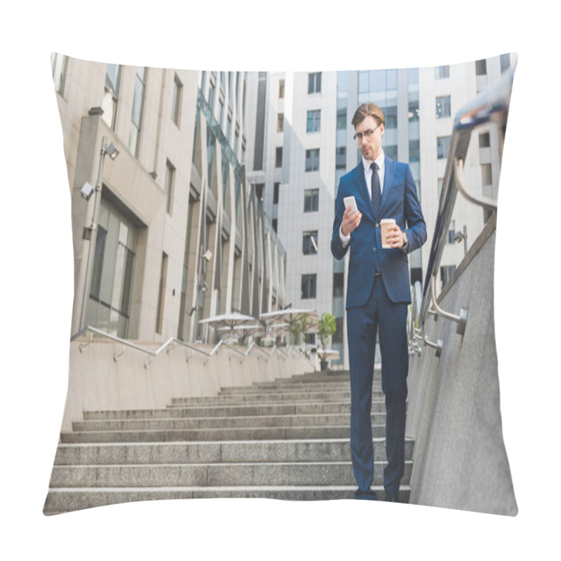 Personality  Handsome Young Businessman In Stylish Suit With Paper Cup Of Coffee Using Smartphone Near Business Building Pillow Covers