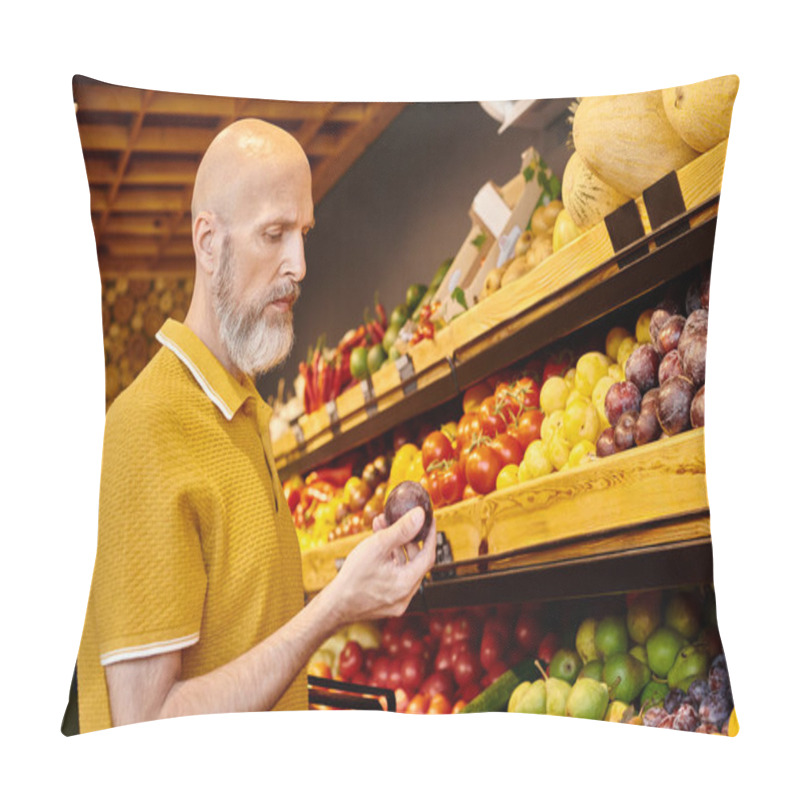 Personality  Mature Man In Casual Outfit With Shopping Basket Choosing Vibrant Juicy Fruits At Grocery Store Pillow Covers