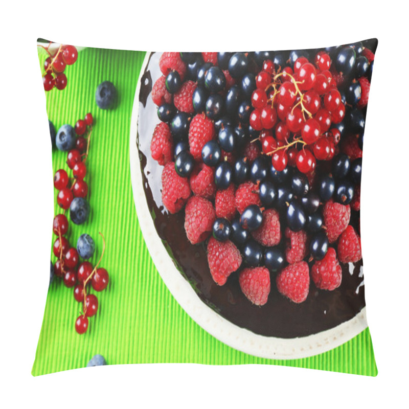 Personality  Delicious Chocolate Cake With Summer Berries On Green Tablecloth, Top View Pillow Covers