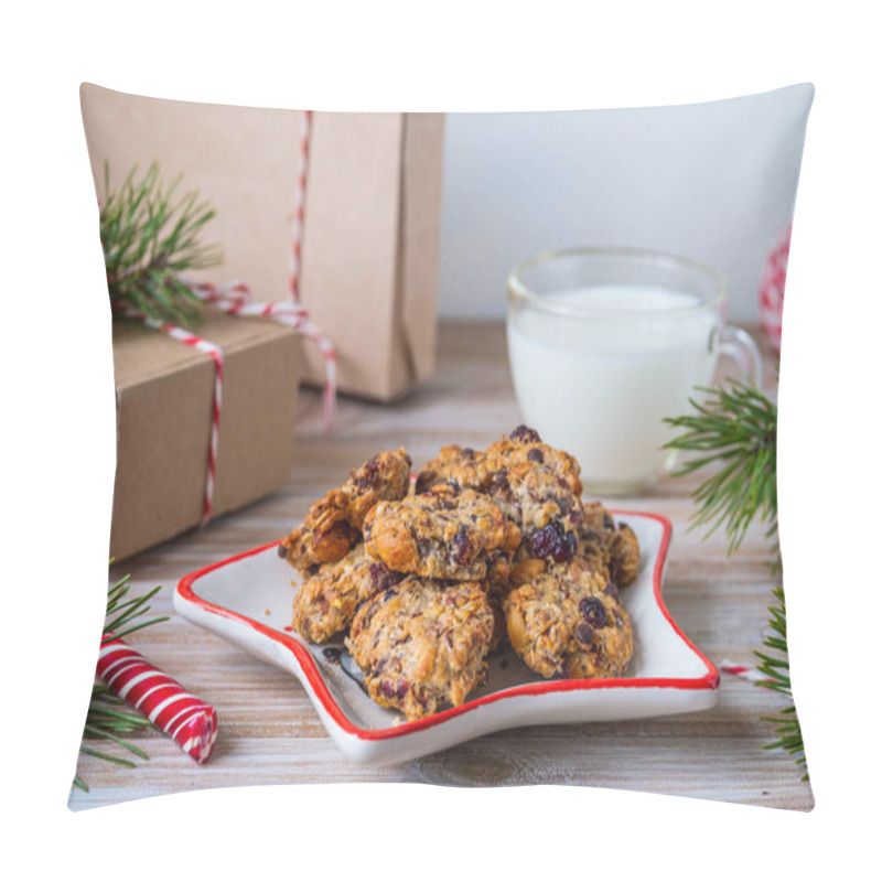 Personality  Oatmeal Cookies With Chocolate And Cranberries On A Star-shaped Plate And Milk In A Glass Transparent Cup For Santa Claus On A Wooden Background. Merry Christmas Concept Pillow Covers