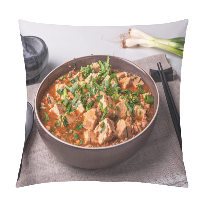 Personality  Traditional Chinese Dish Mapo Tofu With Minced Meat And Tofu Cheese In A Bowl On A Linen Rustic Napkin Pillow Covers