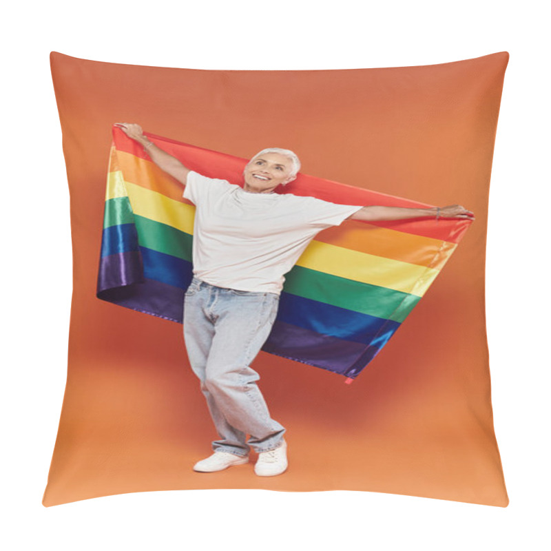 Personality  A Stylish Woman Joyfully Holds A Rainbow Flag, Radiating Pride And Confidence. Pillow Covers