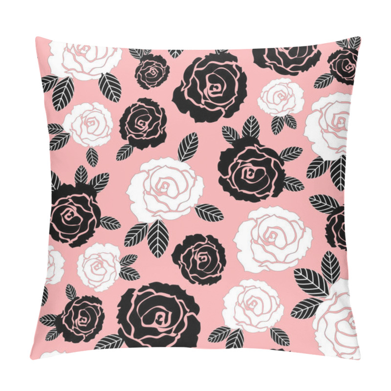 Personality  Vector Black And White Rose Flowers Seamless Pattern On Pink Background Pillow Covers