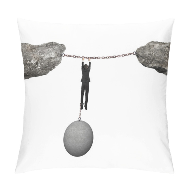 Personality  Businessman Shackled By Ball Hanging On Iron Chains Link Cliffs Pillow Covers