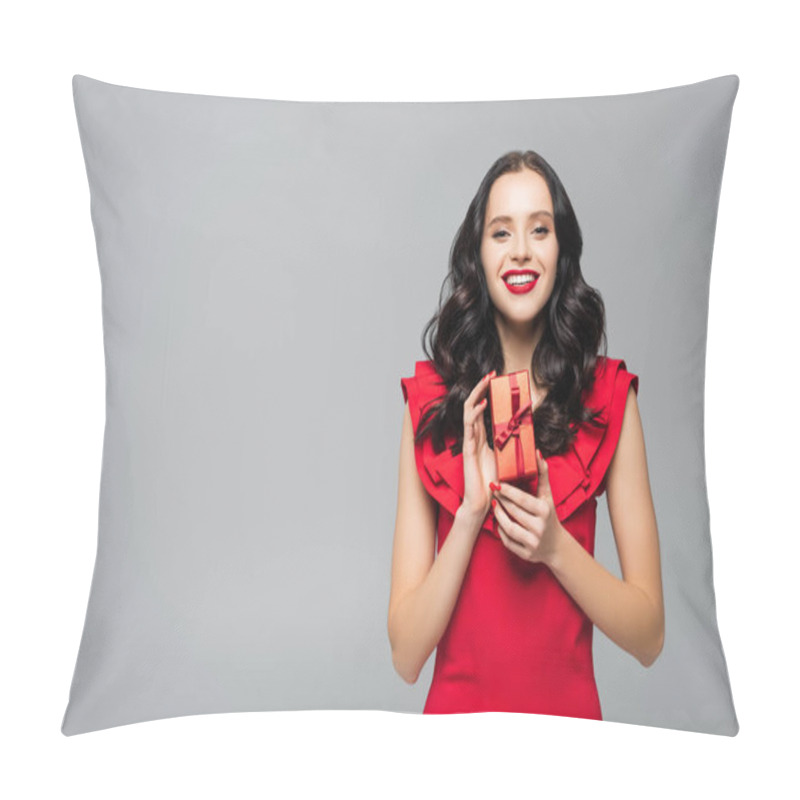 Personality  Cheerful Woman In Ruffled Dress Holding Gift Box Isolated On Grey Pillow Covers