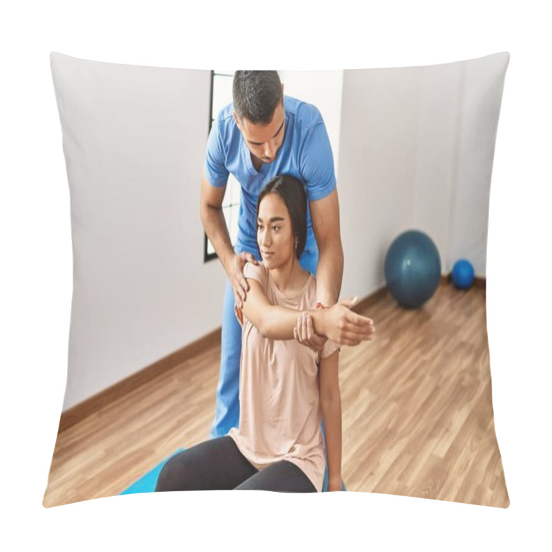 Personality  Latin Man And Woman Wearing Physiotherapist Uniform Having Rehab Session Using Fit Ball At Rehab Center Pillow Covers