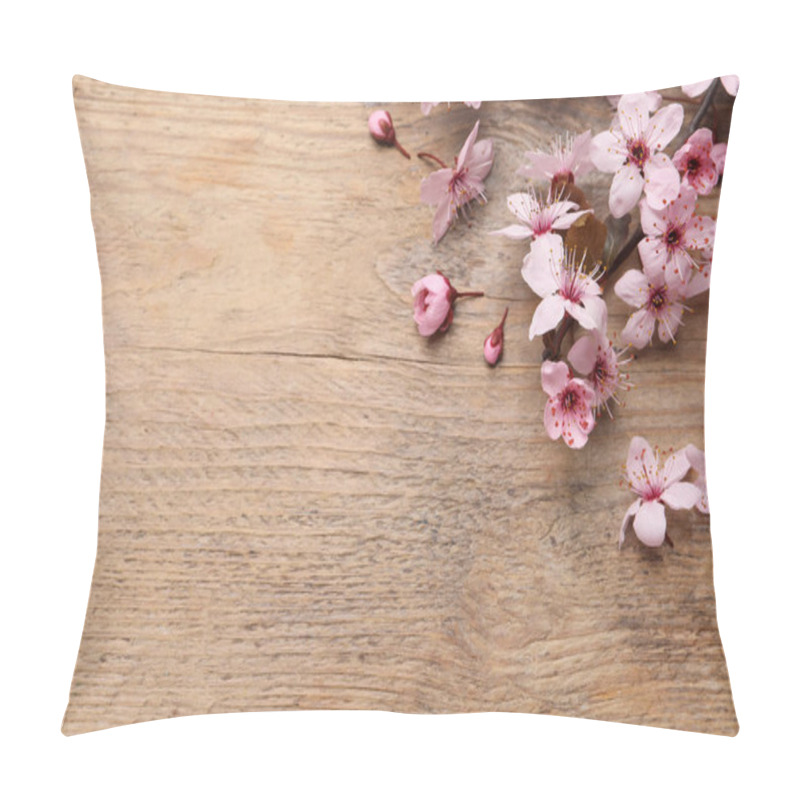 Personality  Beautiful Spring Tree Blossoms On Wooden Table, Flat Lay. Space For Text Pillow Covers