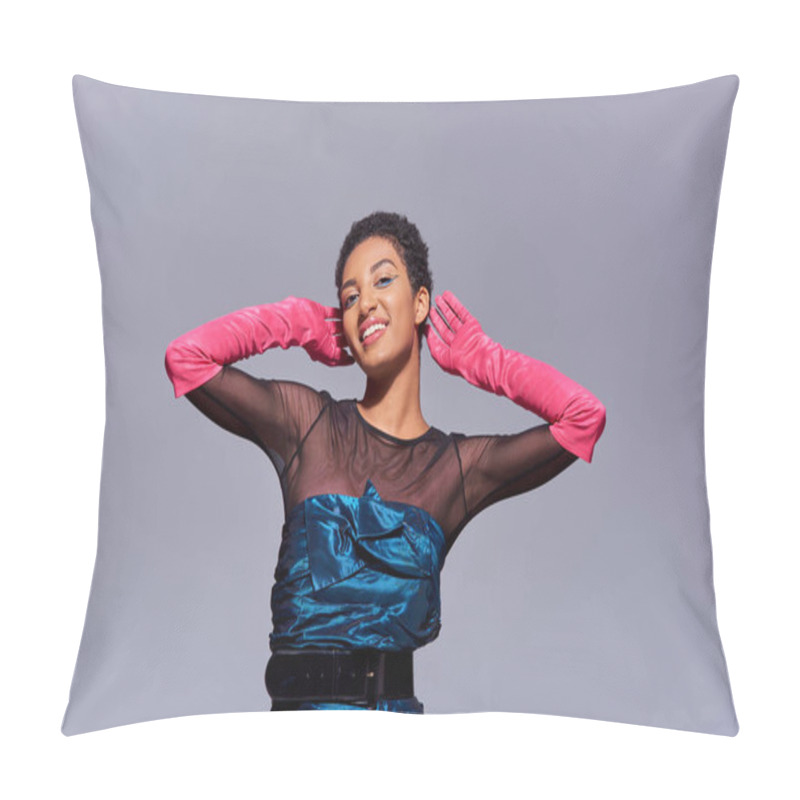 Personality  Joyful And Short Haired African American Woman With Bold Makeup Wearing Pink Gloves And Cocktail Dress While Standing And Posing Isolated On Grey, Modern Generation Z Fashion Concept Pillow Covers