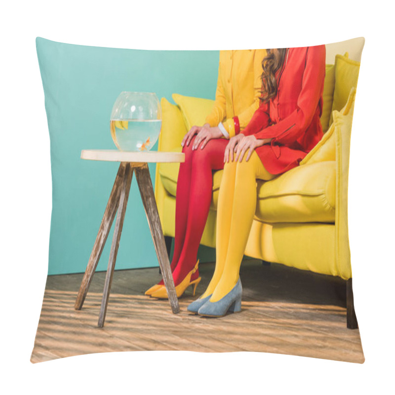 Personality  Partial View Of Retro Styled Women Sitting On Yellow Sofa With Aquarium Fish On Coffee Table At Colorful Apartment, Doll House Concept Pillow Covers