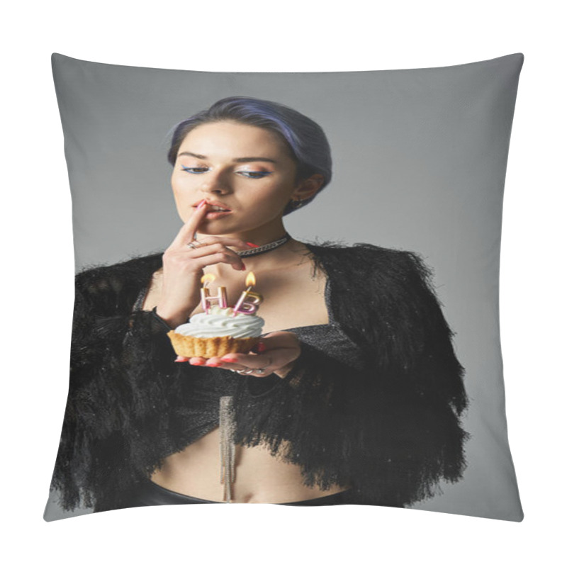 Personality  A Young Woman With Short Dyed Hair Poses In A Black Jacket, Holding A Delicious Cupcake. Pillow Covers