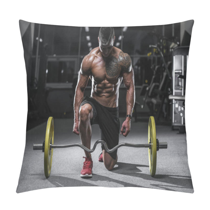 Personality  Handsome Strong Bodybuilder Athletic Man Pumping Up Muscles Workout Bodybuilding Concept Background - Muscular Bodybuilder Handsome Men Doing Exercises In Gym Naked Torso Sport And Diet Concept Pillow Covers