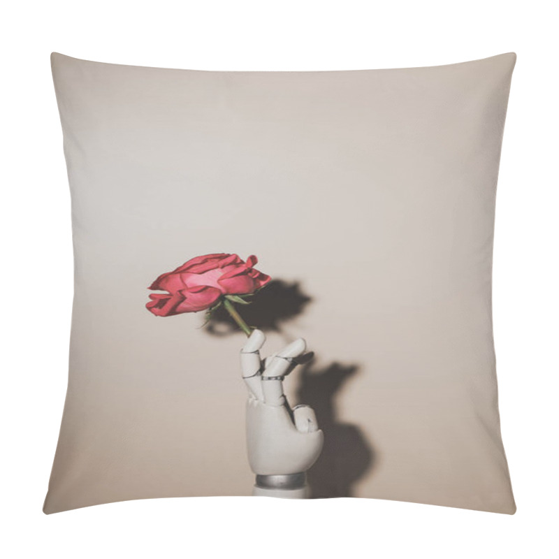 Personality  Pink Rose Flower In Robotic Hand On Beige Background Pillow Covers