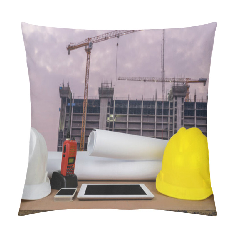 Personality  Control Concept. The Construction Of A Large Building, Structure Building With A Crane Was Installed On, The Front Desks Of The Engineers, With Helmet, Tablet, Radio, Schematic Drawings Placed. Pillow Covers