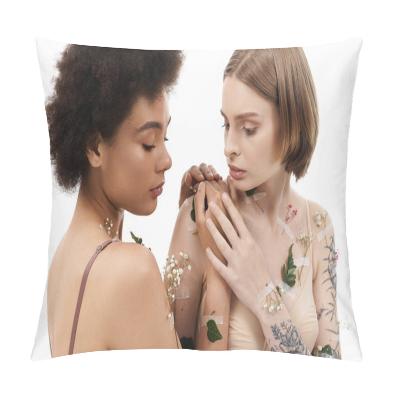 Personality  Two Women Share A Tender Embrace Adorned With Natural Elements. Pillow Covers