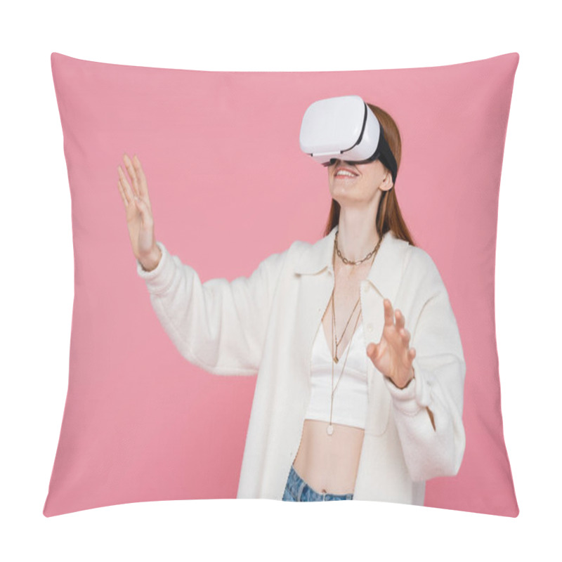 Personality  Cheerful And Trendy Woman In Jacket Gaming In Vr Headset Isolated On Pink  Pillow Covers