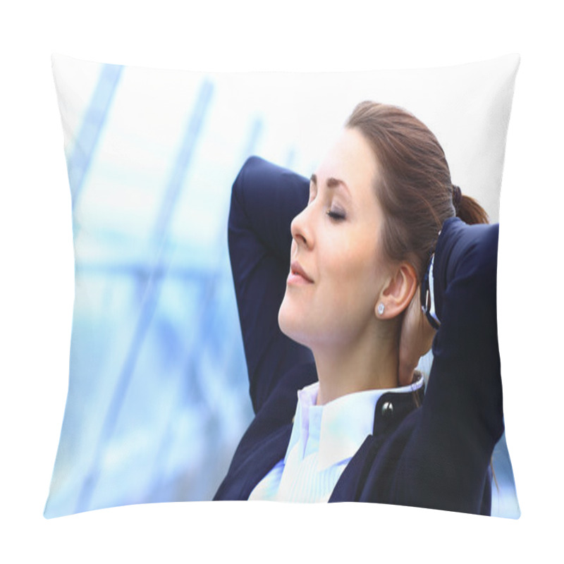 Personality  Portrait Of Cute Young Business Woman Relaxing Outdoor Pillow Covers