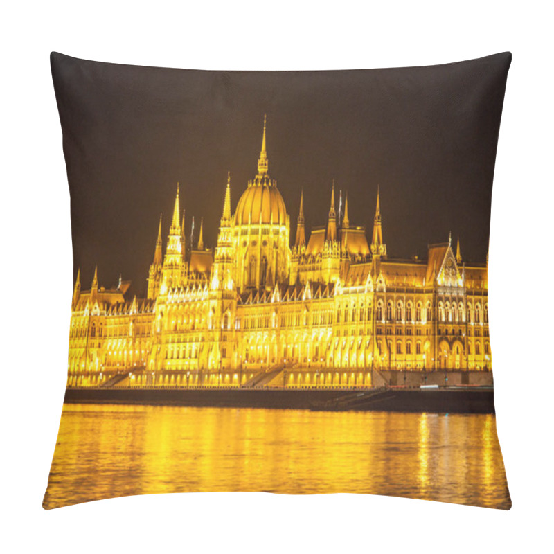 Personality  Illuminated Historical Building Of Hungarian Parliament On Danube River Embankment In Budapest By Night Pillow Covers