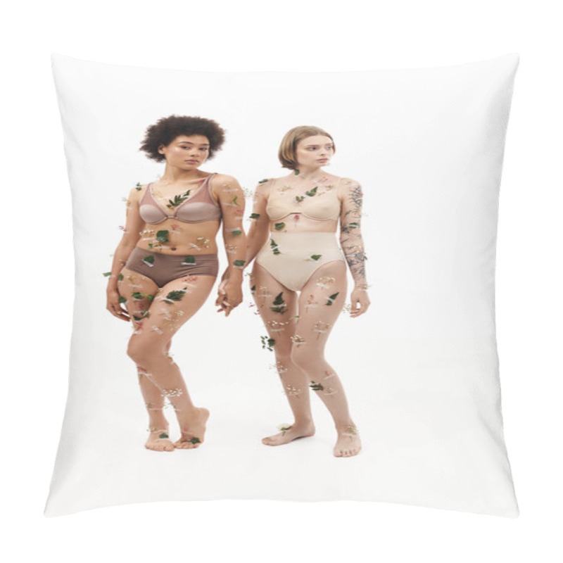 Personality  Two Women Adorned With Leaves Connect In A Heartfelt Moment Indoors. Pillow Covers