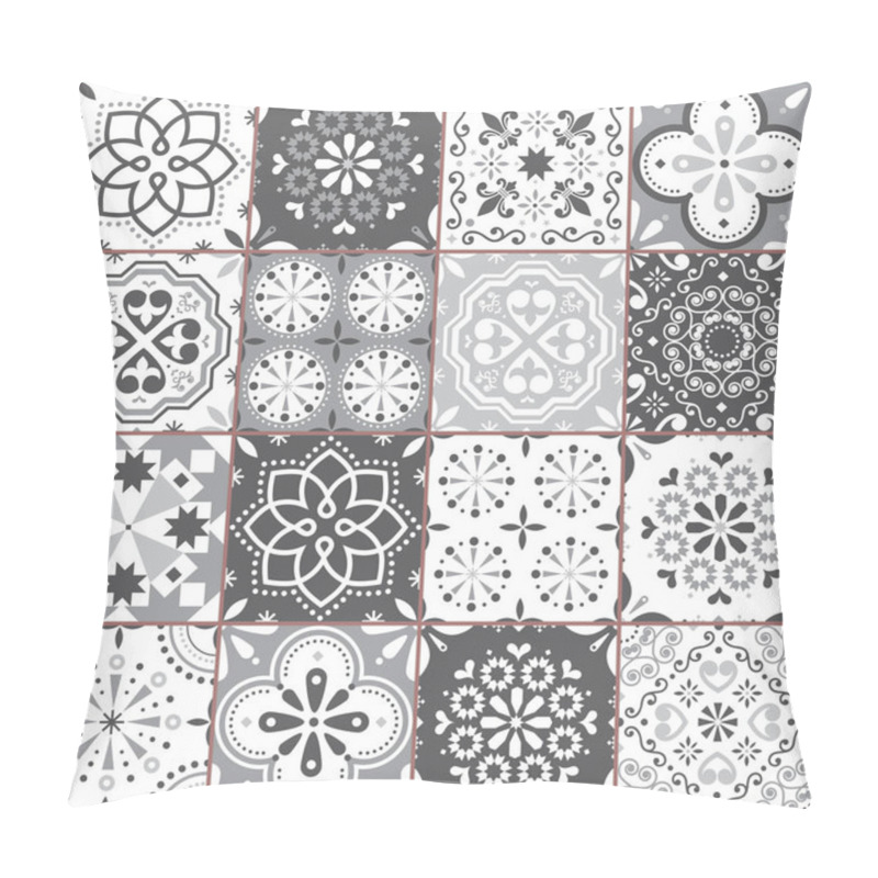 Personality  Lisbon Azujelo Vector Seamless Tiles Design - Portuguese Retro Gray Pattern, Tile Big Collection Pillow Covers