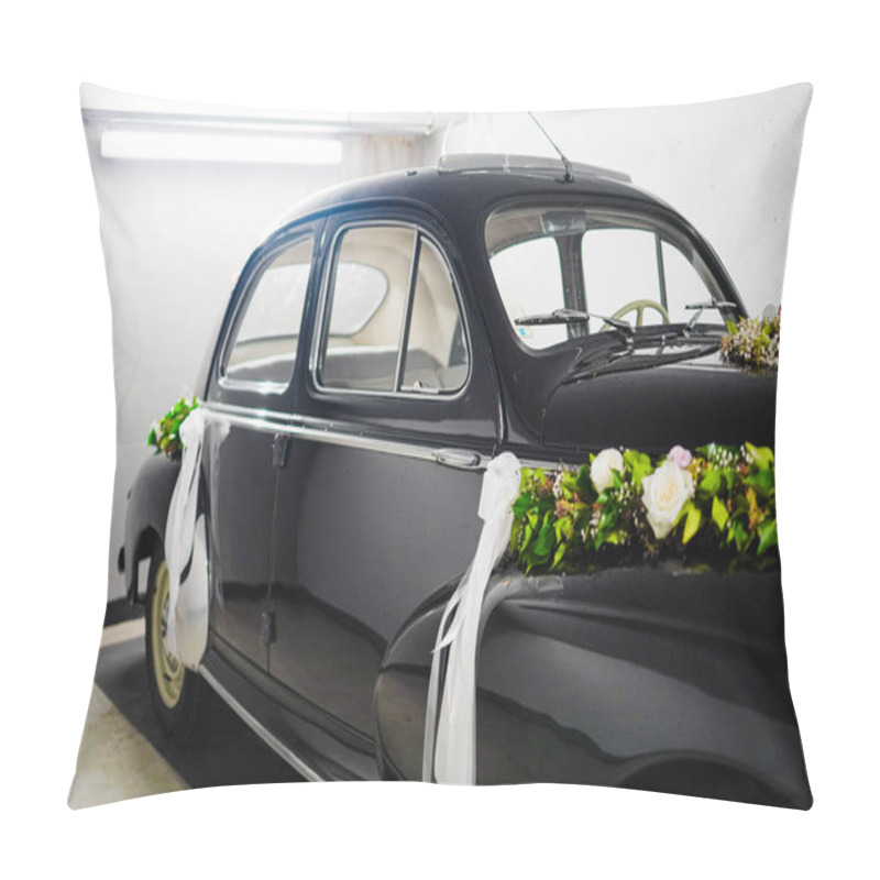 Personality  Vintage Black Car Adorned With Flowers And Ribbons For A Wedding, Parked In An Underground Garage. Elegance, Tradition, And Celebration, Emphasizing A Timeless Transportation For Special Occasions Pillow Covers