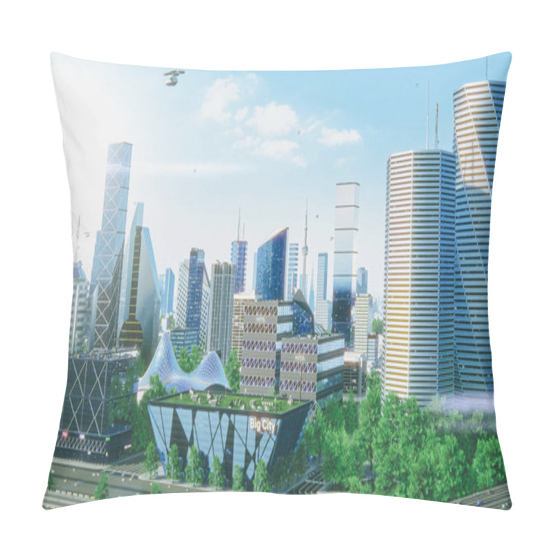 Personality  Futuristic City Concept. Wide Shot Of An Digitally Generated Modern Urban Megapolis With Rendered Skyscrapers, Cozy Park, Flying Vehicles. Daytime Pillow Covers