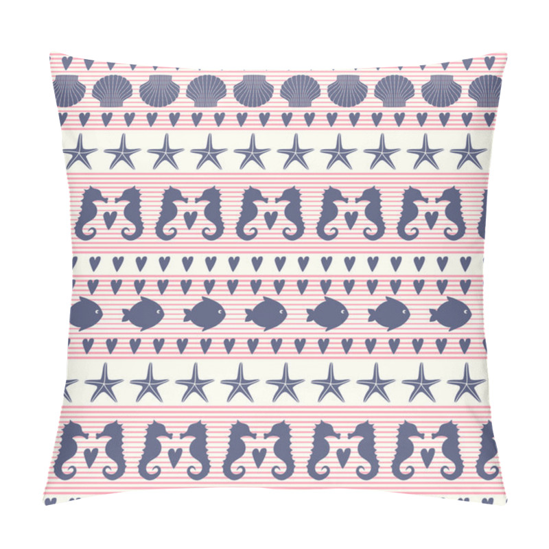 Personality  Navy Vector Seamless Pattern: Fish, Seahorse, Starfish, Heart, Shell, Stripes Pillow Covers