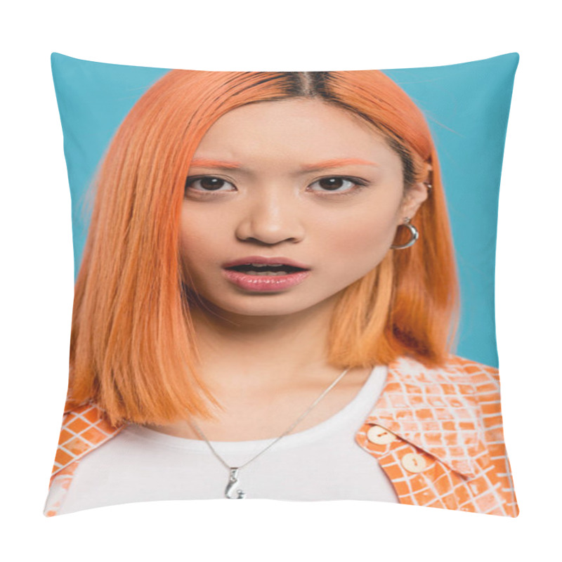 Personality  Shocked Face, Young Asian Woman With Red Hair Looking At Camera And Standing With Open Mouth On Blue Background, Casual Wear, Generation Z, Emotional, Wow, Surprised, Astonished  Pillow Covers