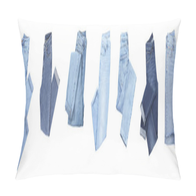 Personality  Set With Stylish Jeans On White Background. Banner Design Pillow Covers