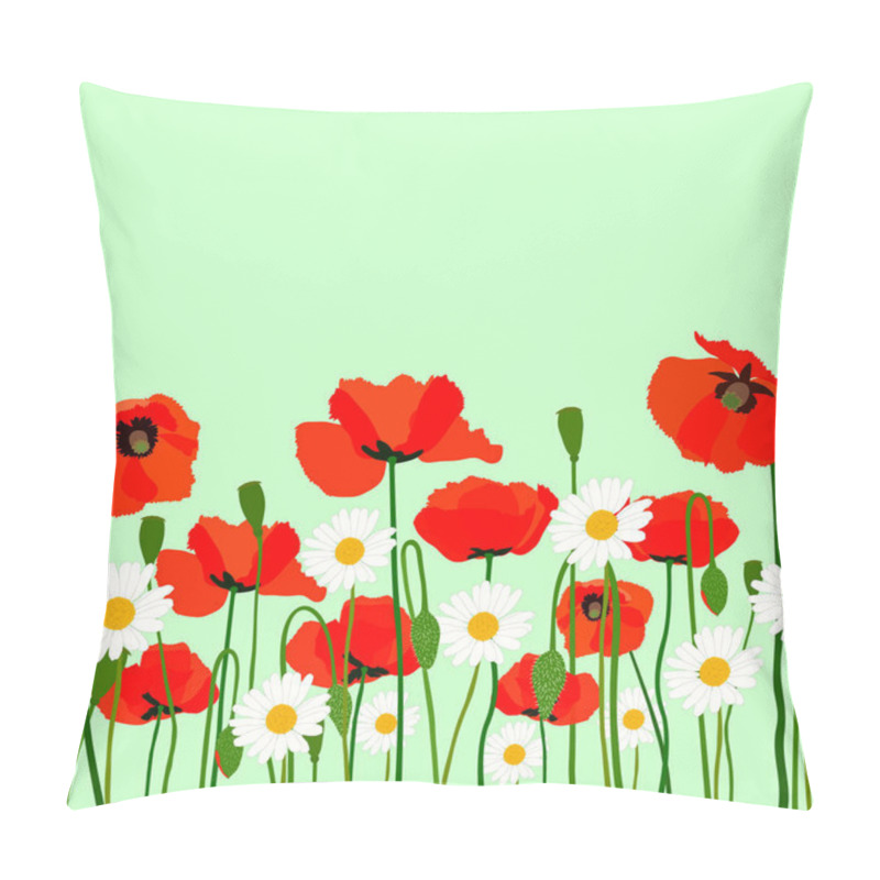 Personality  Field With Beautiful Blooming Daisies And Poppy Flowers Pillow Covers