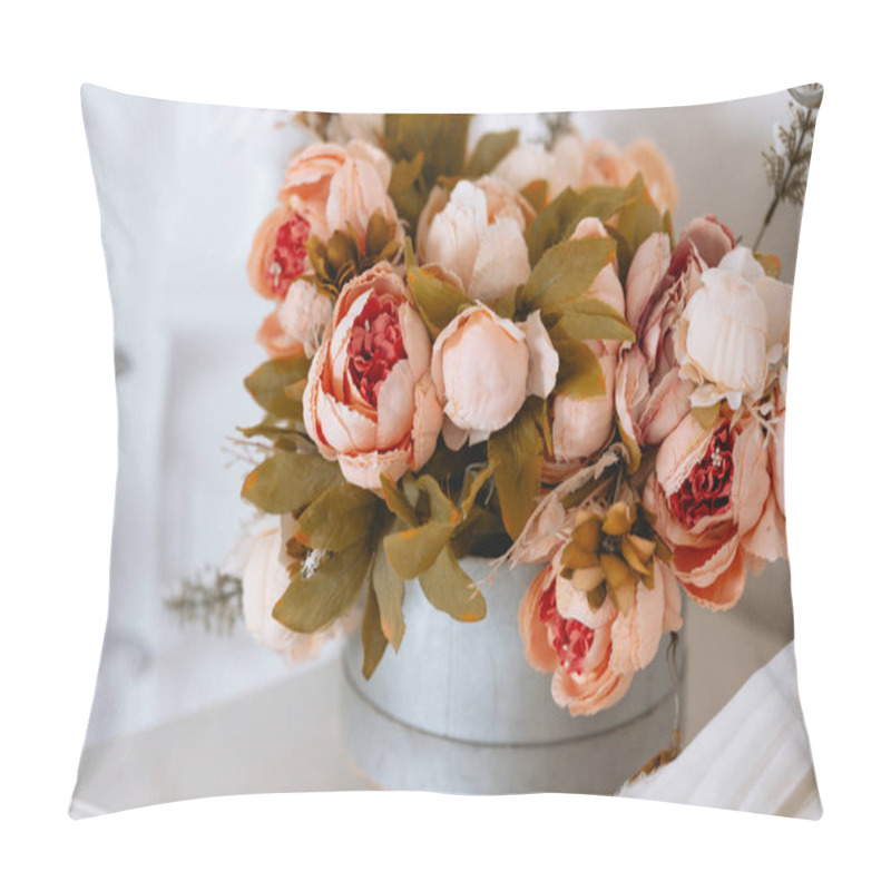 Personality  Decorative Arrangement Of Vibrant Flowers In A Soft Blue Container Adds Charm To The Holiday Setting. Perfect For Creating A Cozy Winter Ambiance During Christmas And New Year Celebrations. Pillow Covers