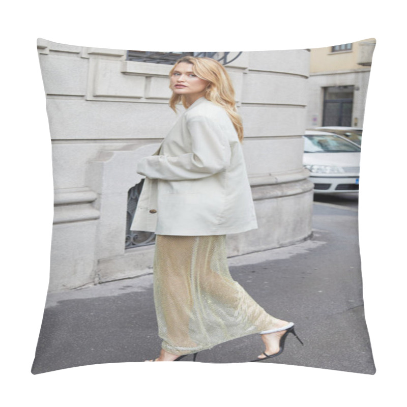 Personality  MILAN, ITALY - FEBRUARY 23 , 2024: Chloe Lecareux Before Philosophy By Lorenzo Serafini Fashion Show, Milan Fashion Week Street Style Pillow Covers