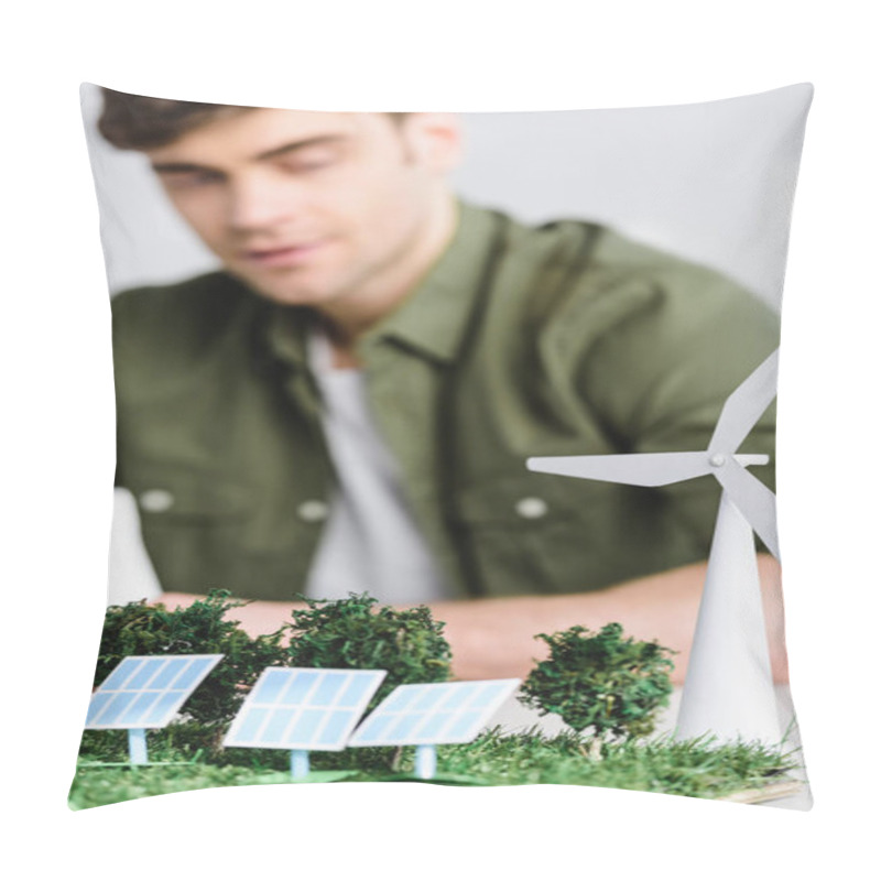 Personality  Selective Focus Of Architect At Table With Windmill, Trees, Solar Panels Models In Office Pillow Covers