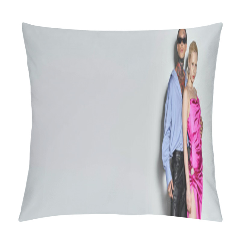 Personality  Fashionable Couple In Party Attire Looking At Camera On Grey Background, New Year 2024 Banner Pillow Covers