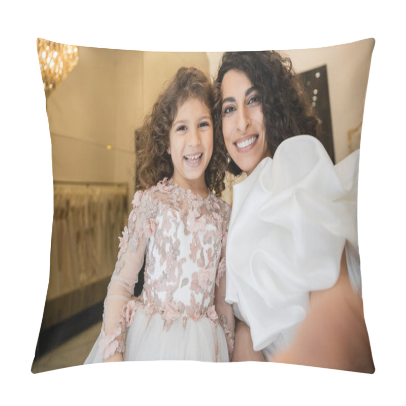 Personality  Cheerful Little Girl In Floral Attire Smiling Near Charming Mother In White Wedding Dress With Puff Sleeves And Ruffles While Looking At Camera Together In Bridal Boutique, Selfie  Pillow Covers