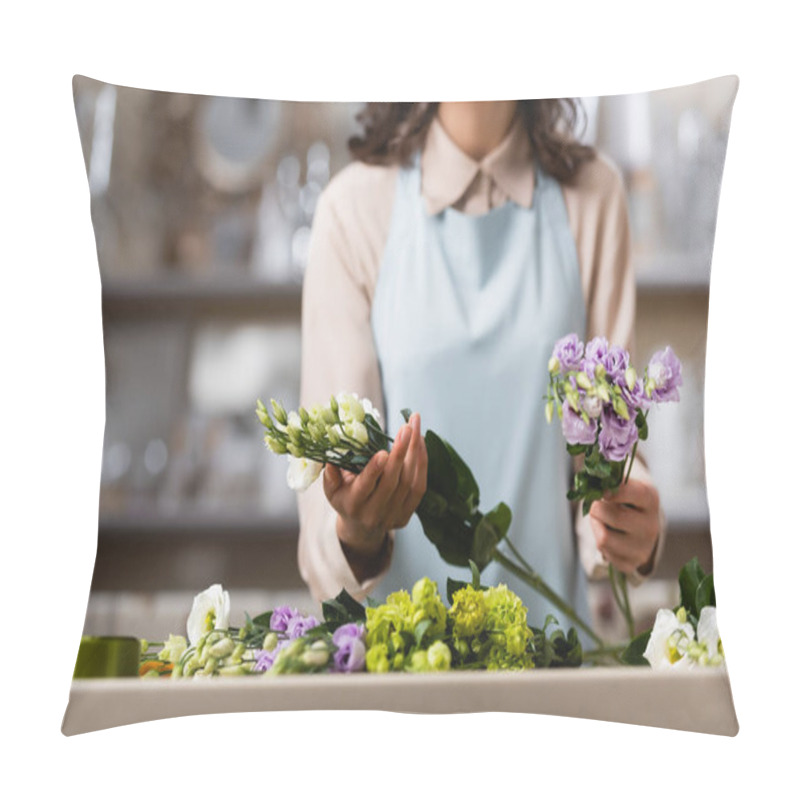 Personality  Partial View Of Florist Holding Eustoma Flowers While Making Bouquet In Flower Shop On Blurred Foreground Pillow Covers