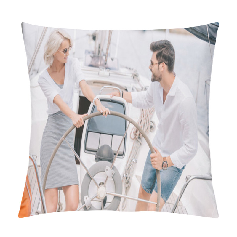 Personality  High Angle View Of Happy Young Couple In Sunglasses Smiling Each Other On Yacht Pillow Covers