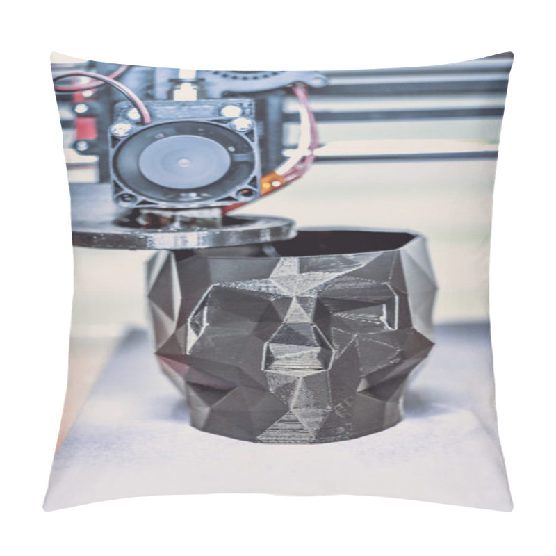 Personality  3D Printer Printing A Model In The Form Of Black Skull Close-up. Pillow Covers