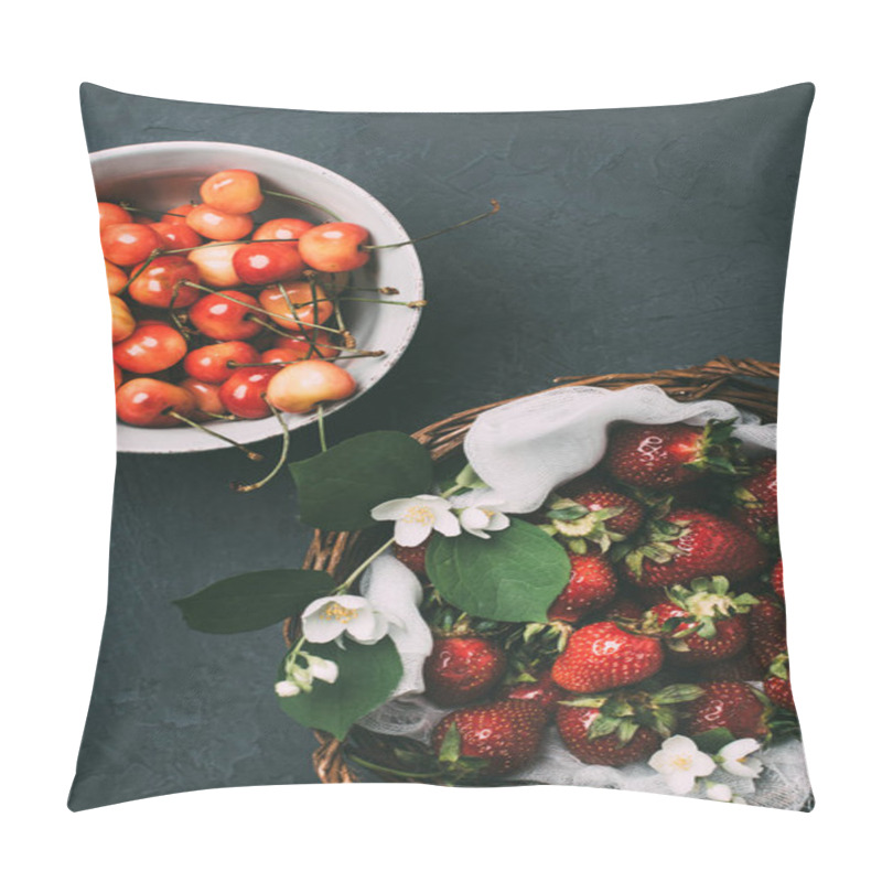 Personality  Top View Of Sweet Cherries In Bowl And Ripe Strawberries With Jasmine Flowers In Basket On Black Pillow Covers