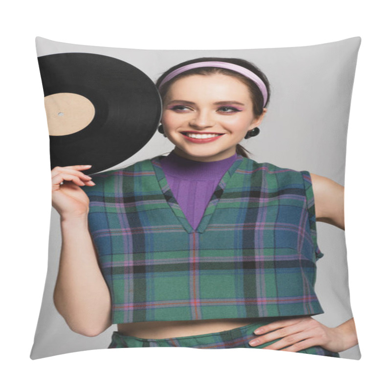 Personality  Smiling Woman In Retro Outfit Holding Retro Vinyl Disc Isolated On Grey Pillow Covers