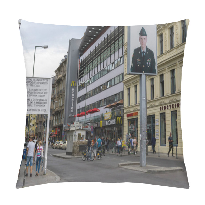 Personality  Berlin, Germany - 25 August 2020: View Of The Historic Checkpoint Charlie In Berlin Pillow Covers