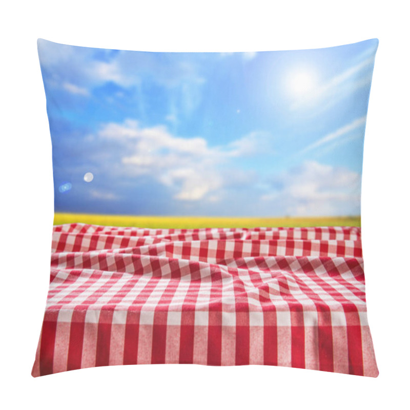 Personality  Empty Table With Checkered Tablecloth And Blurred Natural Background Pillow Covers