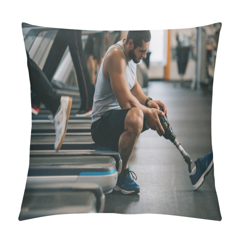 Personality  Side View Of Exhausted Young Sportsman With Artificial Leg Sitting On Treadmill At Gym Pillow Covers