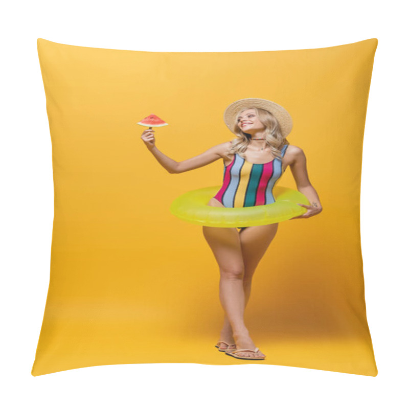 Personality  Full Length Of Smiling Woman Standing With Inflatable Ring And Holding Popsicle Stick With Watermelon On Yellow Pillow Covers