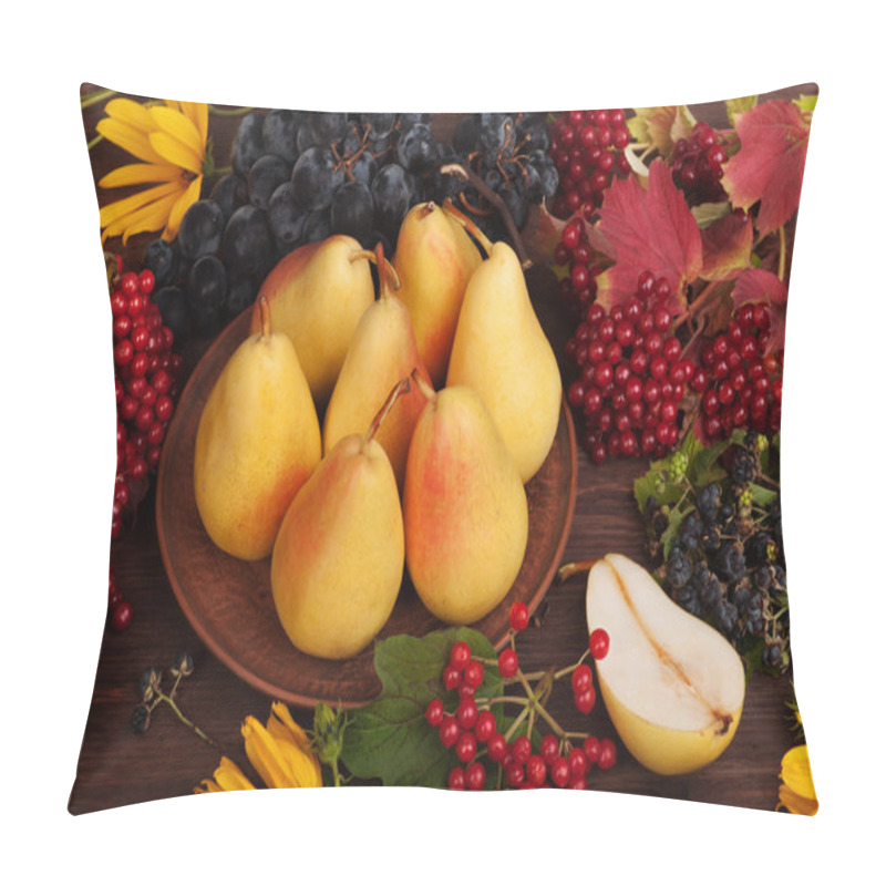 Personality  Fresh Juicy Yellow Pears In A Clay Plate. Near The Grass, Flowers And Autumn Fruits. Warm Tones. Vegetarian Concept Pillow Covers