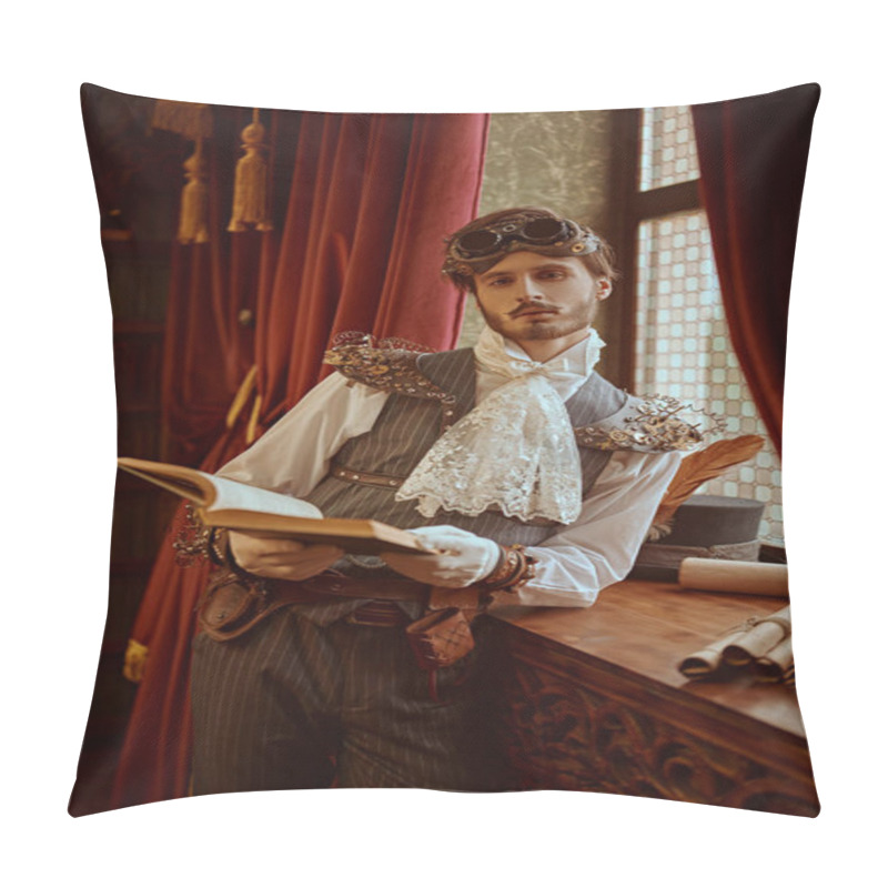 Personality  Scientist Steampunk Man Inventor Reads A Book In His Cabinet With Victorian Interior. Adventure World Of Steampunk. Pillow Covers