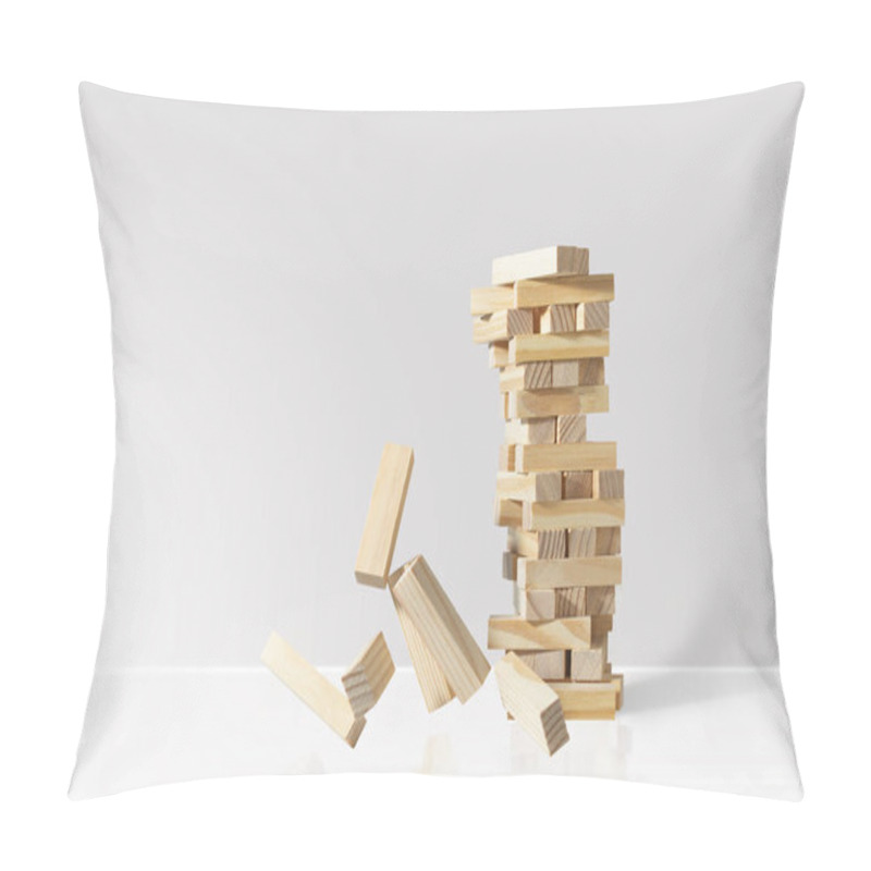 Personality  Wooden Block Tower Game Collapses Isolated On White Background With Copy Space Pillow Covers