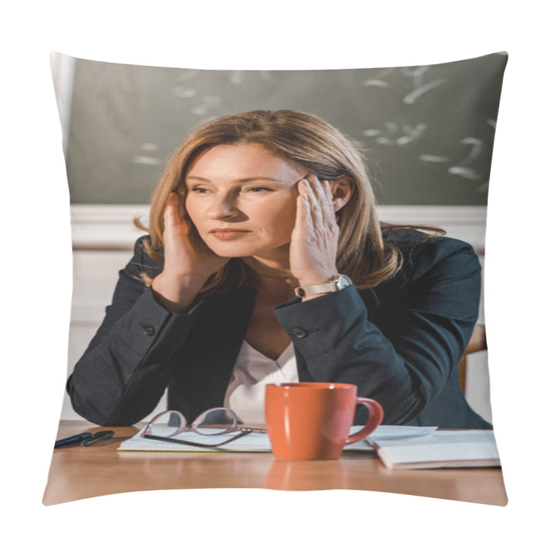 Personality  Female Teacher Sitting At Desk With Hands On Head And Having Headache In Class Pillow Covers