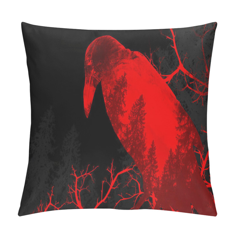 Personality  Collage Grunge Styled Red Toned Crow Photo With Forest And Branches Effect. Pillow Covers